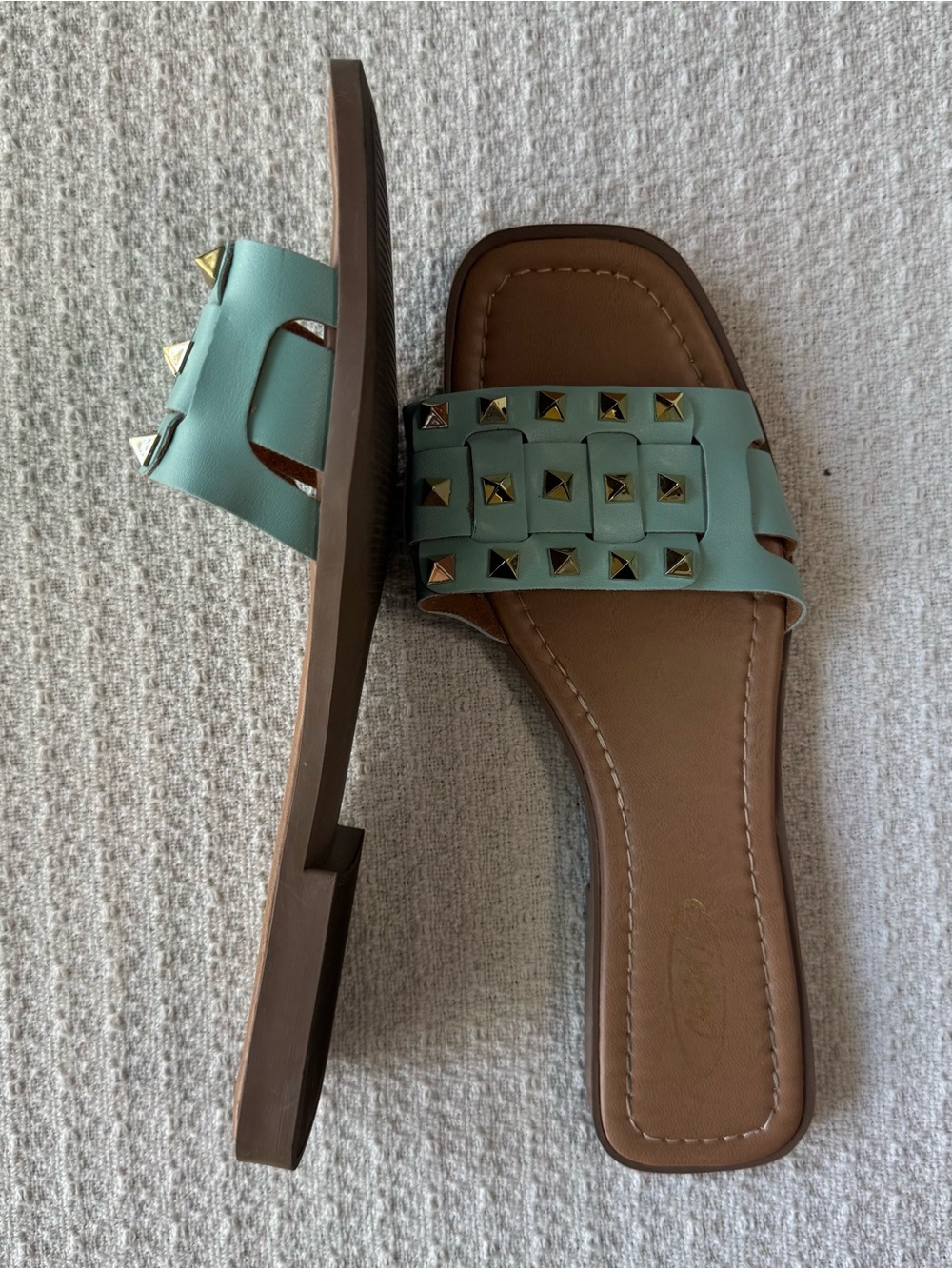 Studded Slide Sandals in Mint Teal, great condition